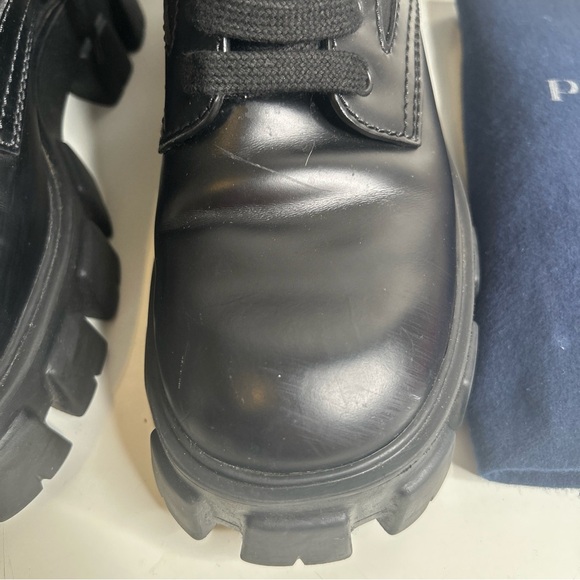 Prada Black Monolith Leather and Re-Nylon Pouch Combat Boots Size 6 - Picture 7 of 16